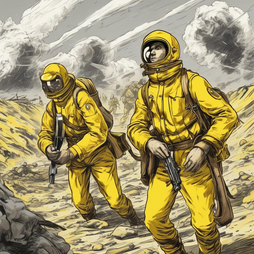  Space Explorers in Yellow Suits. Space Explorers in Yellow Suits shoot guns. World War I. Germans against French. Battlefield, trenches and explosions. Art style.