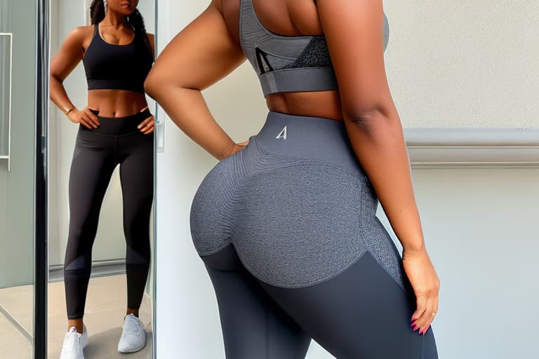  A curvy and petite woman confidently rocking high-waisted sport leggings adorned with a one-of-a-kind design that effortlessly accentuates her figure. Complementing the leggings is a sports bra featuring an inverted "A" at the back, adding a touch of edgy sophistication to her athletic ensemble