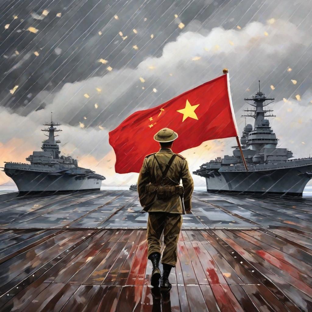  masterpiece, best quality,Draw a Chinese soldier standing on the deck of an aircraft carrier, holding a five-star red flag in his hand. It's raining in the sky.