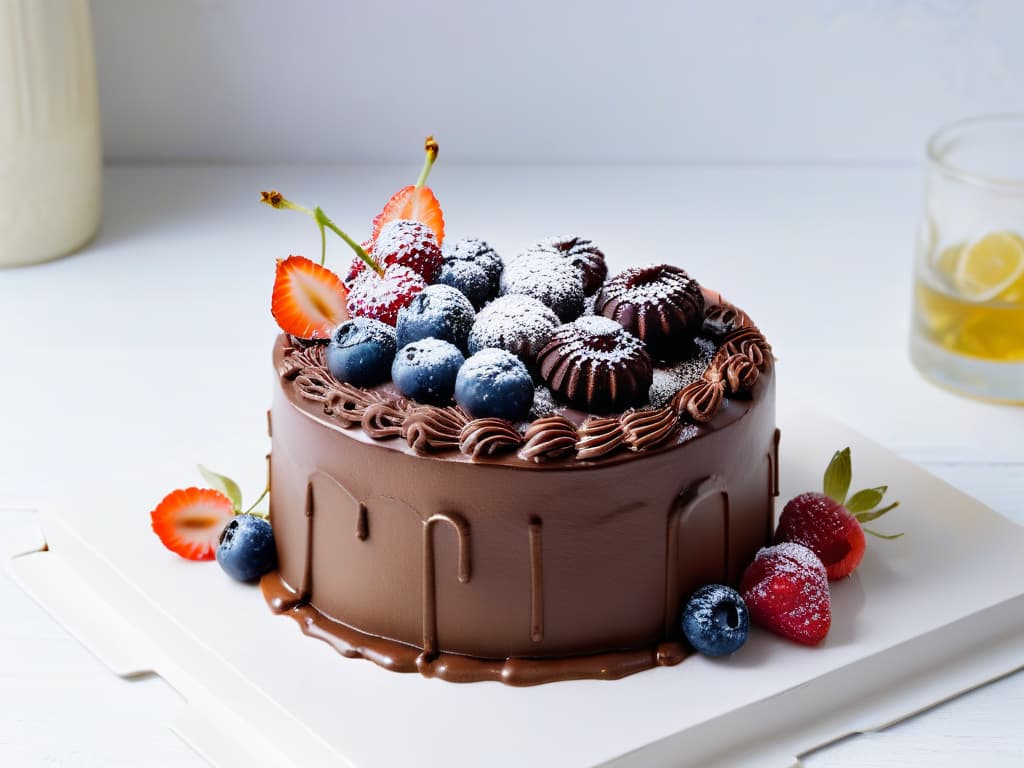  A closeup, ultradetailed image of a beautifully decorated vegan chocolate cake with glossy ganache and vibrant fresh berries on top, set on a sleek, modern white platter. The cake is impeccably crafted, showcasing intricate swirls of frosting and delicate edible flowers, all against a softfocus background that highlights the dessert as the centerpiece. The vibrant colors and textures of the cake are so lifelike that viewers can almost taste the rich, decadent flavors just by looking at the image. hyperrealistic, full body, detailed clothing, highly detailed, cinematic lighting, stunningly beautiful, intricate, sharp focus, f/1. 8, 85mm, (centered image composition), (professionally color graded), ((bright soft diffused light)), volumetric fog, trending on instagram, trending on tumblr, HDR 4K, 8K