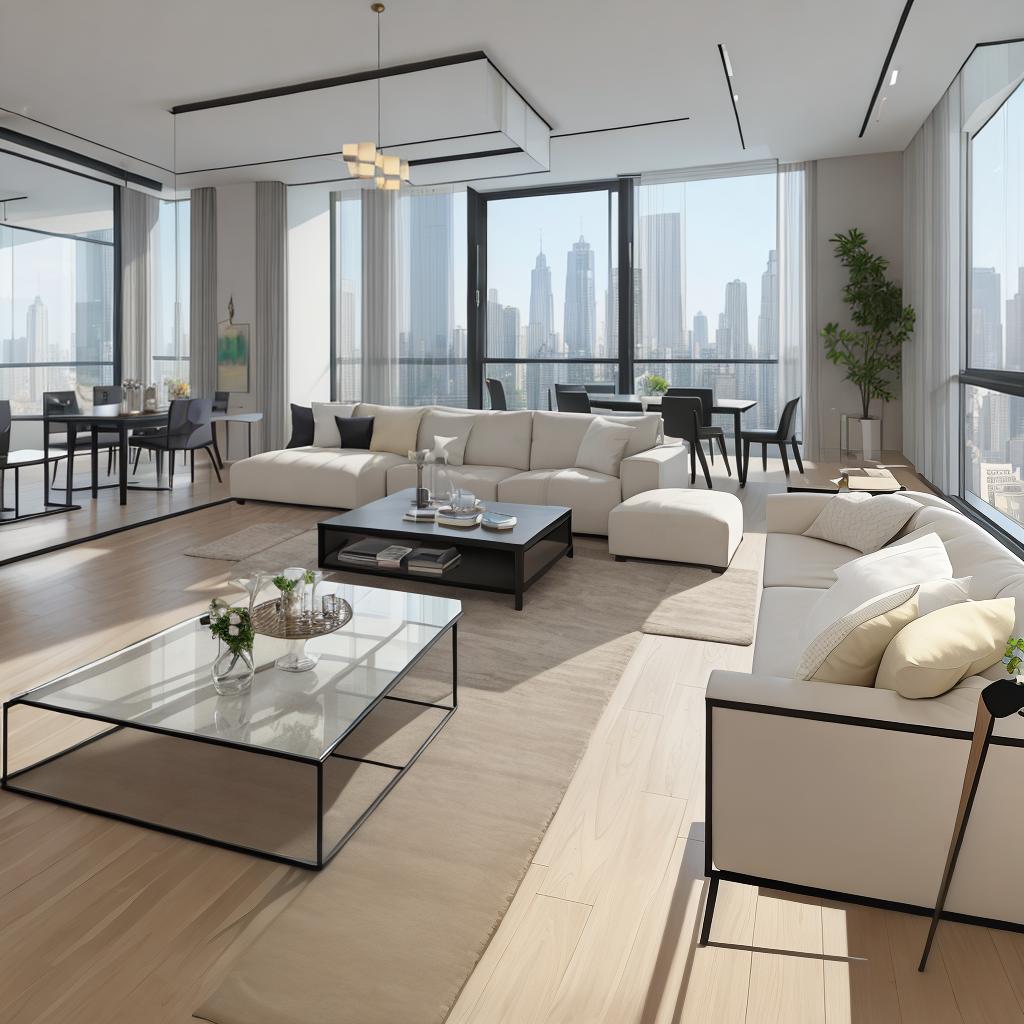  masterpiece, best quality, best quality, masterpiece, 8k resolution, high resolution apartment Living room concept art with floor-to-ceiling windows and modern furniture