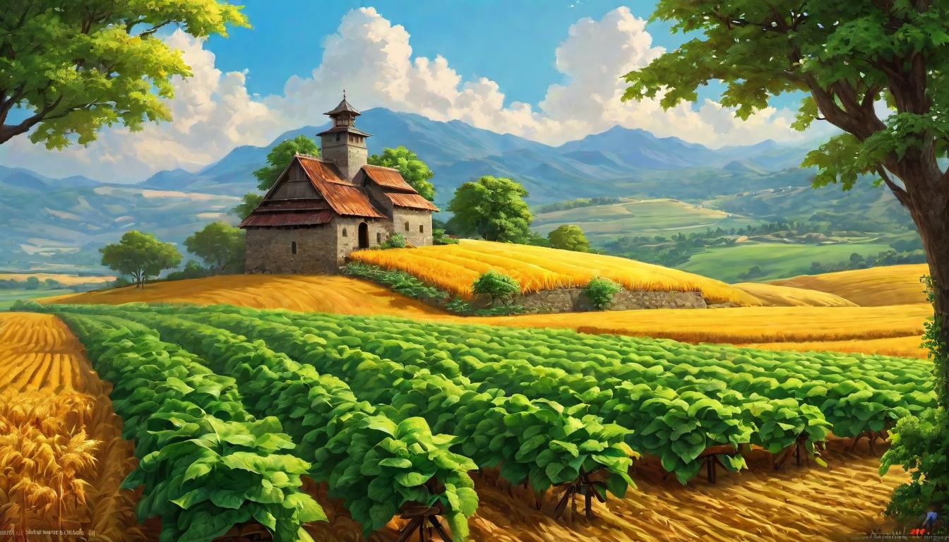  digital painting of Thriving crop fields, abundant harvest, ark in the center glowing softly, radiant prosperity, blessing, and fruitfulness looking at viewer, dynamic pose, (intricate details, masterpiece, best quality)