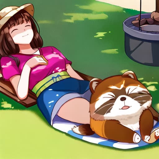  Warm afternoon, the sun sprinkled in the yard, a woman lying on a recliner enjoying the afternoon sun, lying next to a tanuki cat,