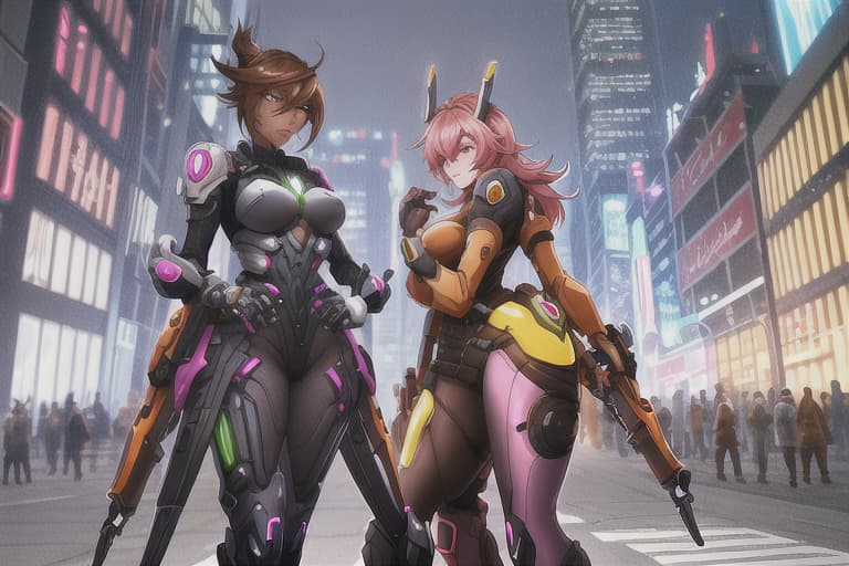  In the art style of Overwatch 2, androgynous, brown skin, armored orange, blue and pink futuristic techwear, wearing a futuristic eyewear, earpieces that extend to the top of her head and point upwards, tawny hair, messy and shaggy with middle parted bangs, arms crossed, looking down at a cyberpunk aesthetic city, night time, upper body hyperrealistic, full body, detailed clothing, highly detailed, cinematic lighting, stunningly beautiful, intricate, sharp focus, f/1. 8, 85mm, (centered image composition), (professionally color graded), ((bright soft diffused light)), volumetric fog, trending on instagram, trending on tumblr, HDR 4K, 8K