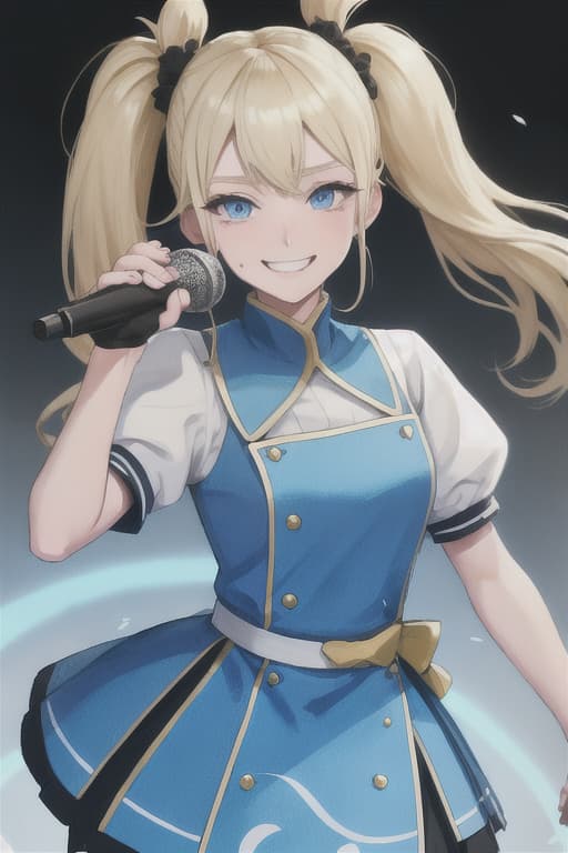  Not bright blonde, twin tails under ears, blue eyes, fair -skinned, microphone, sweating, smiles, shimaenaga on the head, only one human, one person, only one person.