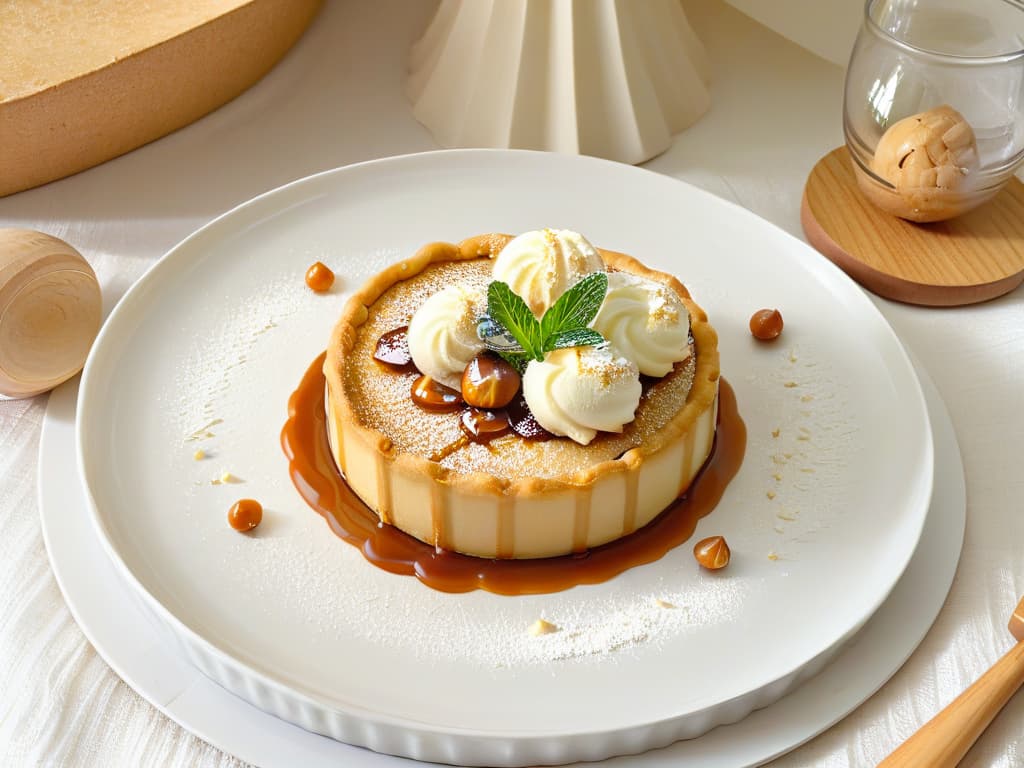  An ultradetailed image of a perfectly arranged dessert plate featuring a decadent macadamia nut tart with a drizzle of caramel sauce, a scoop of creamy vanilla ice cream, and a sprinkle of crushed macadamia nuts on top. The dessert plate is garnished with a few whole macadamia nuts and a sprig of fresh mint, all set on a sleek, modern white plate against a black backdrop, showcasing the luxurious and indulgent nature of macadamia nut desserts. hyperrealistic, full body, detailed clothing, highly detailed, cinematic lighting, stunningly beautiful, intricate, sharp focus, f/1. 8, 85mm, (centered image composition), (professionally color graded), ((bright soft diffused light)), volumetric fog, trending on instagram, trending on tumblr, HDR 4K, 8K