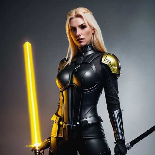  /send image blonde sith with yellow eyes and yellow lightsaber, black armorI'm generating an image of a blonde sith wearing black armor that covers her body entirely. Her facial features have striking yellow eyes with piercing gaze and pale skin. She clutches a lightsaber, emanating intense yellow light in the pitch darkness around her, creating an eerie atmosphere that radiates power and authority from the figure. She stands confidently against a backdrop of sinister purple hues, perfectly lit to showcase every intricate detail of her costume, accentuating her intimidating presence in this scene. hyperrealistic, full body, detailed clothing, highly detailed, cinematic lighting, stunningly beautiful, intricate, sharp focus, f/1. 8, 85mm, (centered image composition), (professionally color graded), ((bright soft diffused light)), volumetric fog, trending on instagram, trending on tumblr, HDR 4K, 8K