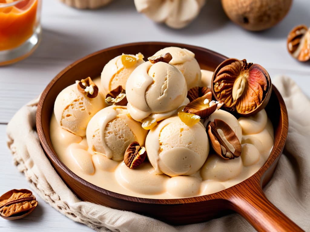  A closeup, highresolution image of a scoop of creamy quince and walnut ice cream delicately placed on a rustic wooden spoon, with chunks of sweet quince and crunchy walnut pieces scattered around it. The soft, pastel hues of the ice cream contrast beautifully with the rich textures of the nuts and fruits, creating a visually stunning and appetizing composition that perfectly captures the essence of the autumn dessert. hyperrealistic, full body, detailed clothing, highly detailed, cinematic lighting, stunningly beautiful, intricate, sharp focus, f/1. 8, 85mm, (centered image composition), (professionally color graded), ((bright soft diffused light)), volumetric fog, trending on instagram, trending on tumblr, HDR 4K, 8K