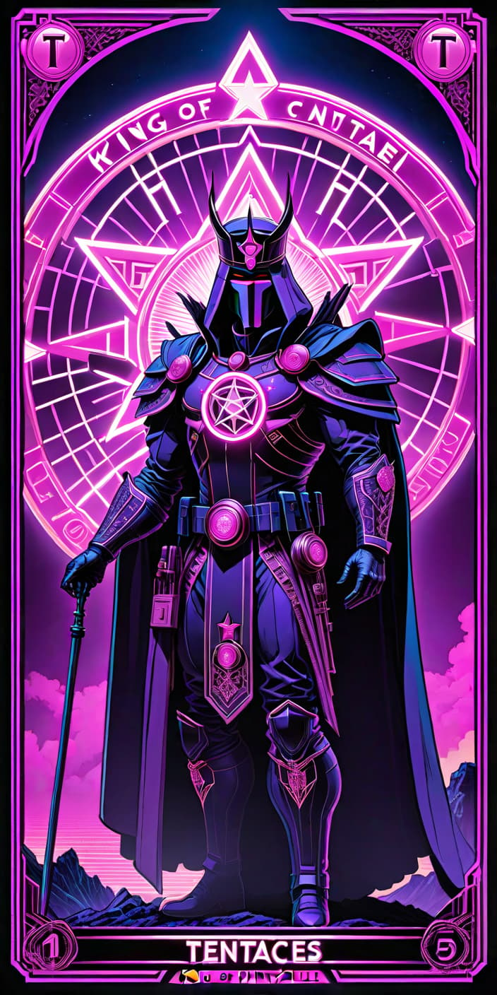  neonpunk style King of Pentacles Tarot Card . cyberpunk, vaporwave, neon, vibes, vibrant, stunningly beautiful, crisp, detailed, sleek, ultramodern, magenta highlights, dark purple shadows, high contrast, cinematic, ultra detailed, intricate, professional hyperrealistic, full body, detailed clothing, highly detailed, cinematic lighting, stunningly beautiful, intricate, sharp focus, f/1. 8, 85mm, (centered image composition), (professionally color graded), ((bright soft diffused light)), volumetric fog, trending on instagram, trending on tumblr, HDR 4K, 8K