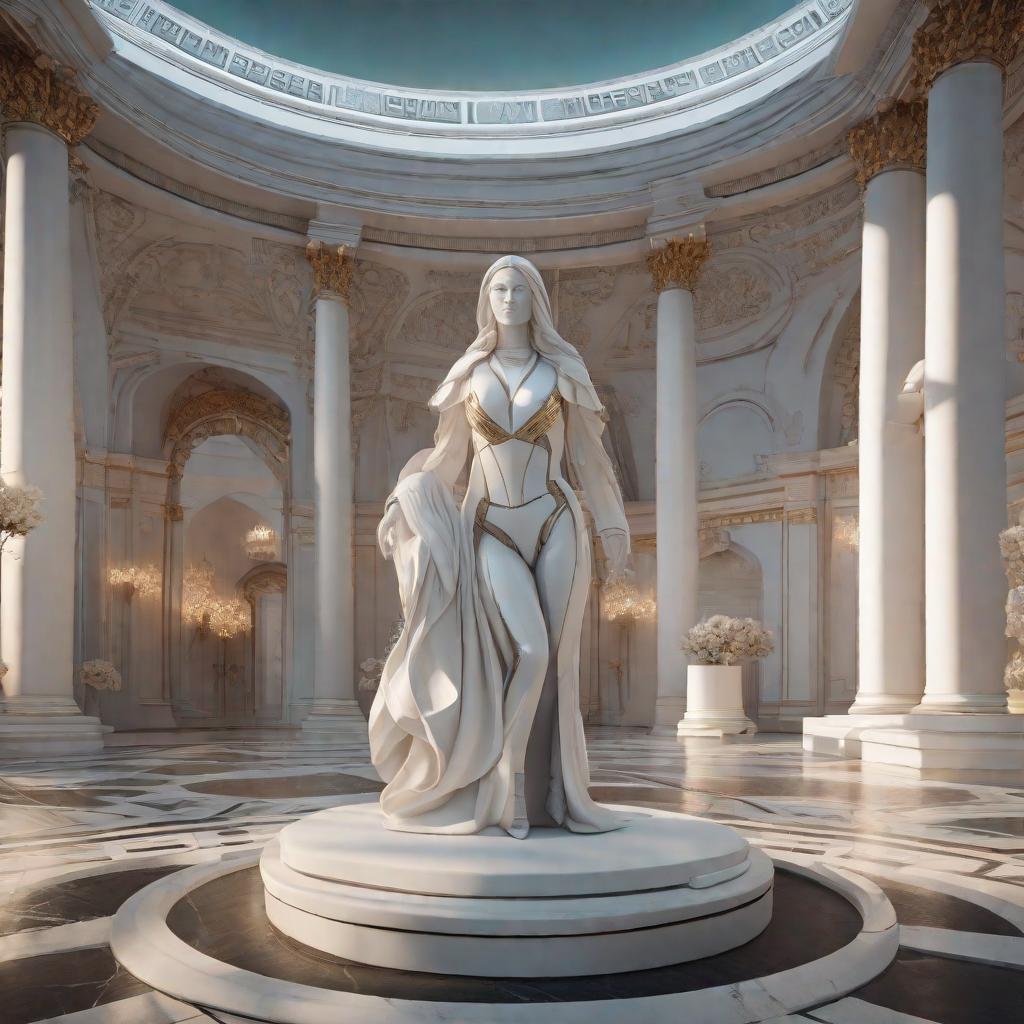  Миллион ярких вод, statue made of marble, futuristic cybernetic, transhumanism, full body shot, perfect symmetrical body, perfect symmetrical face, hyper realistic, hyper detailed, by johannen voss, by peter kemp, by monia merlo, by michelangelo, octane render, blender, 8 k hyperrealistic, full body, detailed clothing, highly detailed, cinematic lighting, stunningly beautiful, intricate, sharp focus, f/1. 8, 85mm, (centered image composition), (professionally color graded), ((bright soft diffused light)), volumetric fog, trending on instagram, trending on tumblr, HDR 4K, 8K