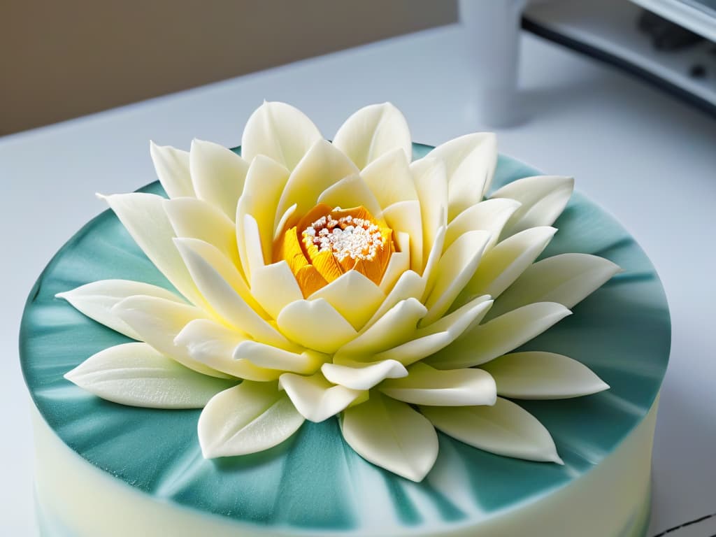  A closeup, ultradetailed image of a delicate, intricate sugar flower being meticulously crafted by a 3D printer, showcasing the fine details and precision of modern technology merging with the artistry of pastry making. The soft pastel colors of the flower contrast beautifully against a sleek, minimalist background, emphasizing the fusion of traditional baking techniques with cuttingedge 3D printing technology. hyperrealistic, full body, detailed clothing, highly detailed, cinematic lighting, stunningly beautiful, intricate, sharp focus, f/1. 8, 85mm, (centered image composition), (professionally color graded), ((bright soft diffused light)), volumetric fog, trending on instagram, trending on tumblr, HDR 4K, 8K