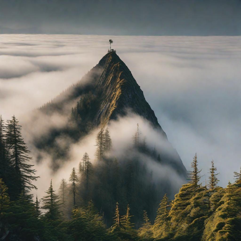  A steep mountain peak grows in a dense fog, pine trees rising high into the clouds