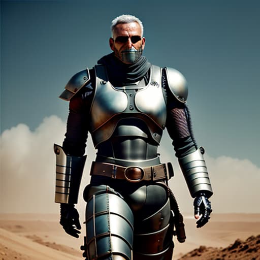  robot version mad max hyperrealistic, full body, detailed clothing, highly detailed, cinematic lighting, stunningly beautiful, intricate, sharp focus, f/1. 8, 85mm, (centered image composition), (professionally color graded), ((bright soft diffused light)), volumetric fog, trending on instagram, trending on tumblr, HDR 4K, 8K