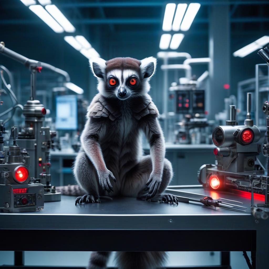  A bio mechanical cyborg lemur with red glowing eyes, perched on a table in a state of the art laboratory, frozen in a natural pose against the backdrop of a quirky scientist, one hand on a tool, the other in a grin, bold colored sci fi art above. hyperrealistic, full body, detailed clothing, highly detailed, cinematic lighting, stunningly beautiful, intricate, sharp focus, f/1. 8, 85mm, (centered image composition), (professionally color graded), ((bright soft diffused light)), volumetric fog, trending on instagram, trending on tumblr, HDR 4K, 8K