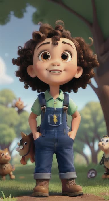  {Riley looking up at the tree with a big smile, animals surrounding them., Riley, a curious with big brown eyes and curly hair, wearing overalls and carrying a small backpack. Their friend, Skye, a bluebird with shiny feathers.