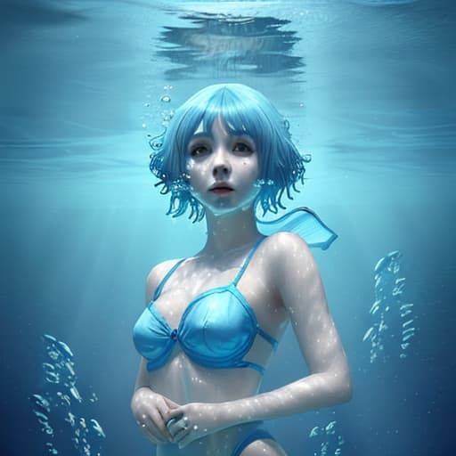  A girl under water with short blue hair no reaciton