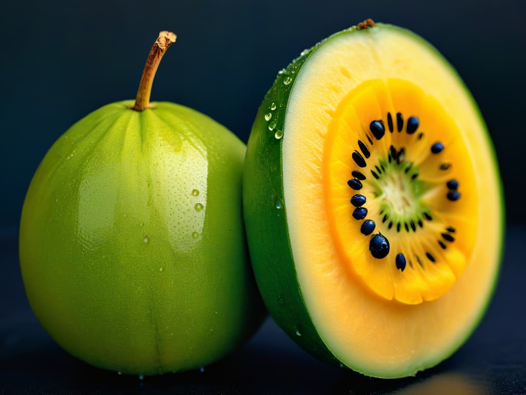  A closeup, ultrahighdefinition image of a perfectly sliced borojó fruit, showcasing its rich and creamy texture, with glistening droplets of juice on its surface. The dark green rind contrasts beautifully with the vibrant yellow pulp, highlighting the fruit's exotic appeal. The intricate details of the seeds nestled within the flesh add a touch of elegance to the minimalistic composition, making it a visually striking and enticing image for the article. hyperrealistic, full body, detailed clothing, highly detailed, cinematic lighting, stunningly beautiful, intricate, sharp focus, f/1. 8, 85mm, (centered image composition), (professionally color graded), ((bright soft diffused light)), volumetric fog, trending on instagram, trending on tumblr, HDR 4K, 8K