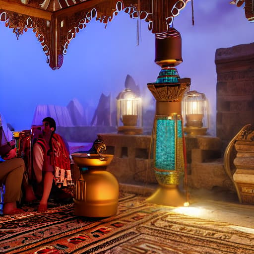  (EGYPTIAN GENIE TALKING TO A GYPSY IN THEIR DREAMS IN A TURKISH MOUNTAIN HUT), <lora:3DMM_V12:1>, 3D, highly detailed, 4k, high quality hyperrealistic, full body, detailed clothing, highly detailed, cinematic lighting, stunningly beautiful, intricate, sharp focus, f/1. 8, 85mm, (centered image composition), (professionally color graded), ((bright soft diffused light)), volumetric fog, trending on instagram, trending on tumblr, HDR 4K, 8K