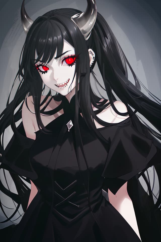  (Close up of the face) (Jagged Teeth) (All Teeth in Mouth Schin and Sharp) Beautiful Black Hair, Long Hair, Devil Tail, Black Dress, HIGH Quality, 16k, 16k, 16k