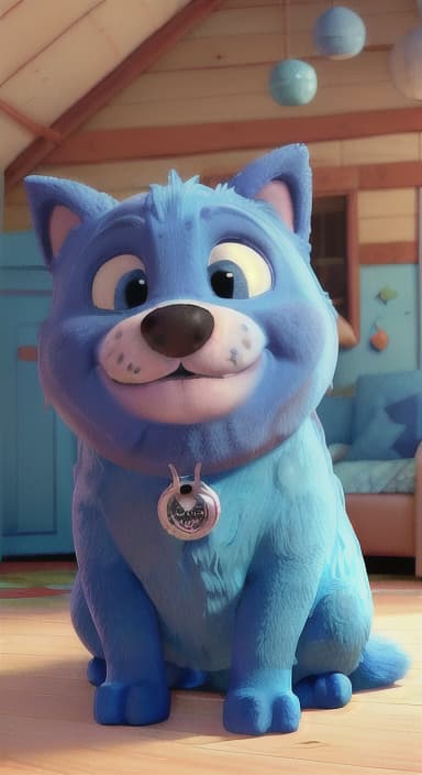  {Max snuggled up in his comfy dog bed inside the house, fast asleep, The big blue dog is large with sky blue fur, big round eyes, a black nose, and floppy ears.