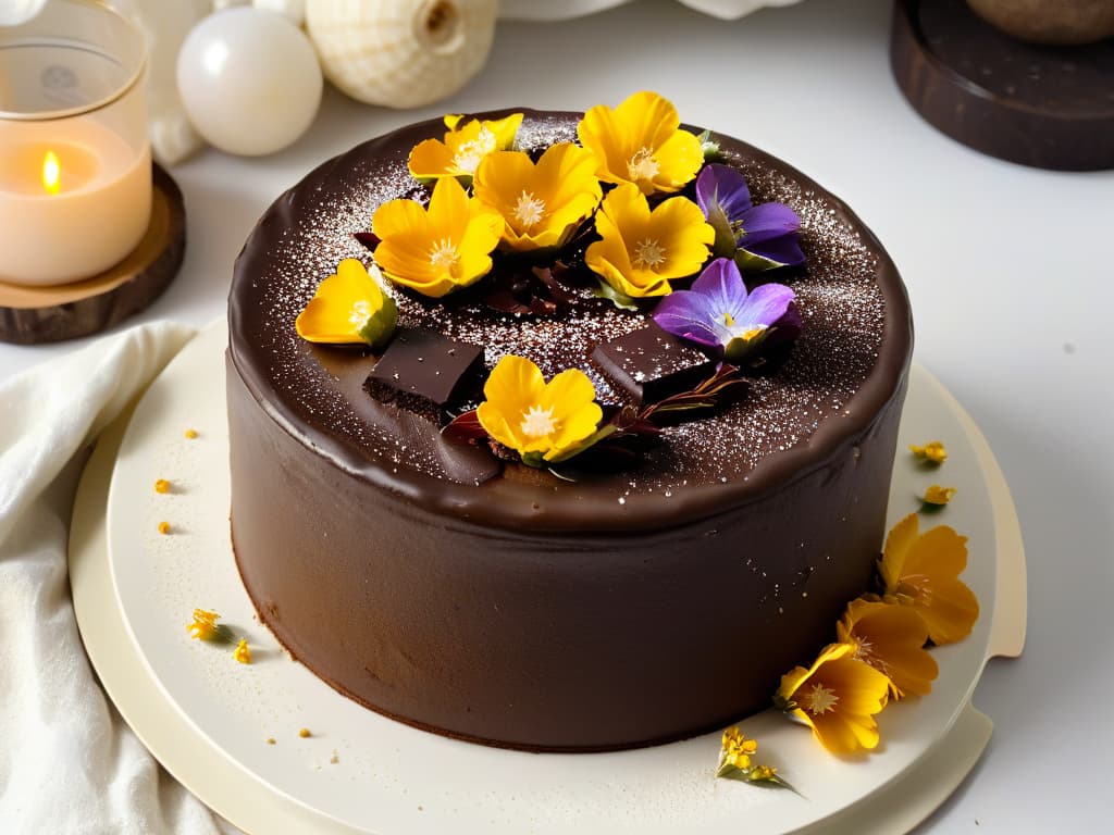  An ultradetailed closeup image of a freshly baked vegan and organic chocolate cake, topped with a delicate arrangement of vibrant edible flowers and dusted with a sprinkle of shimmering gold flakes. The cake sits on a sleek, minimalist plate against a backdrop of soft, diffused natural light, highlighting the rich textures and intricate details of the dessert. hyperrealistic, full body, detailed clothing, highly detailed, cinematic lighting, stunningly beautiful, intricate, sharp focus, f/1. 8, 85mm, (centered image composition), (professionally color graded), ((bright soft diffused light)), volumetric fog, trending on instagram, trending on tumblr, HDR 4K, 8K