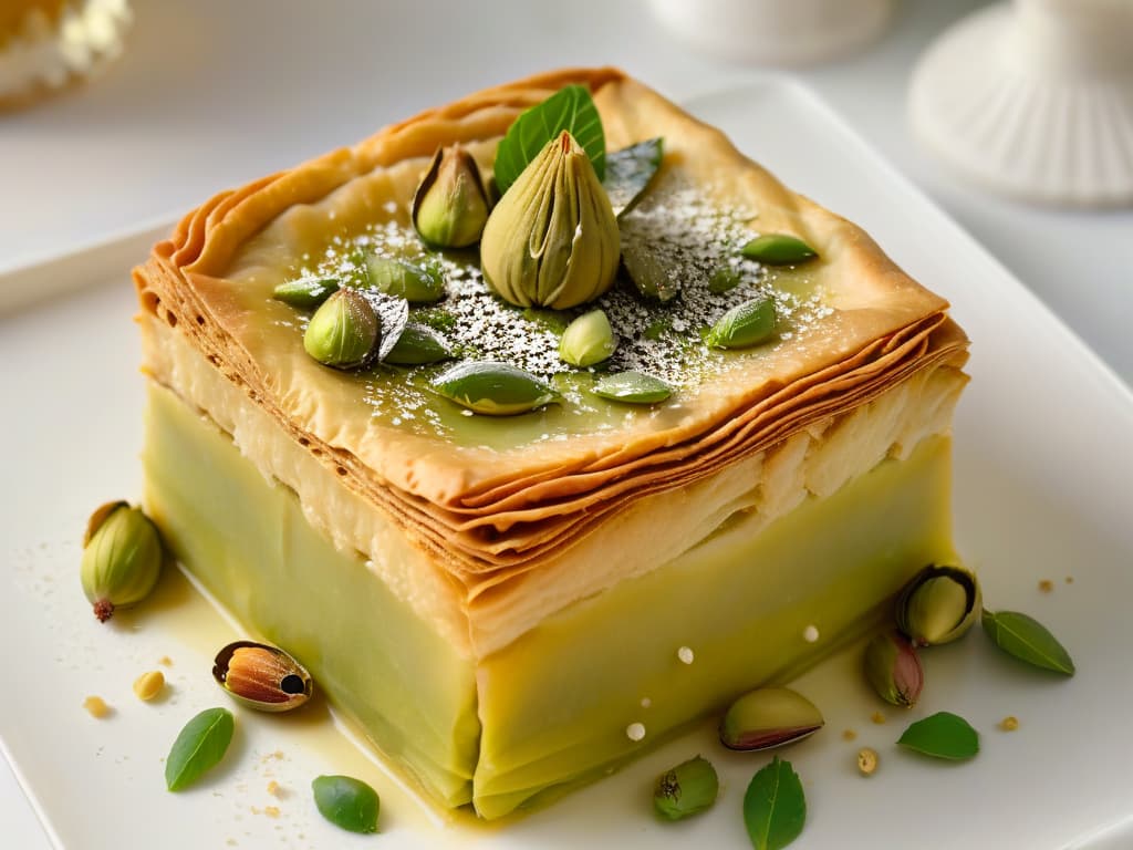  An exquisite closeup shot of a vibrant, intricate baklava dessert sprinkled with crushed pistachios, drizzled in golden honey, and garnished with delicate rose petals. The layers of flaky pastry glisten under soft lighting, showcasing the rich textures and enticing aromas of this traditional Arabic sweet treat. The contrast between the golden hues and the deep green of the pistachios creates a visually striking composition, inviting the viewer to indulge in the exotic flavors of Middle Eastern cuisine. hyperrealistic, full body, detailed clothing, highly detailed, cinematic lighting, stunningly beautiful, intricate, sharp focus, f/1. 8, 85mm, (centered image composition), (professionally color graded), ((bright soft diffused light)), volumetric fog, trending on instagram, trending on tumblr, HDR 4K, 8K