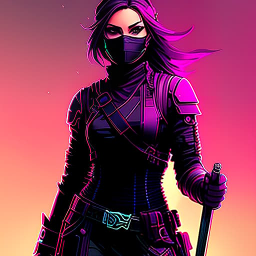 nvinkpunk nvinkpunk snthwve style nvinkpunk, A tiny female ninja character ,holding a big arm sword, black metal body armor , high quality, highly detailed, intricate, sharp focus, (centered image composition), digital painting, concept art, smooth, illustration, 4K, 8K