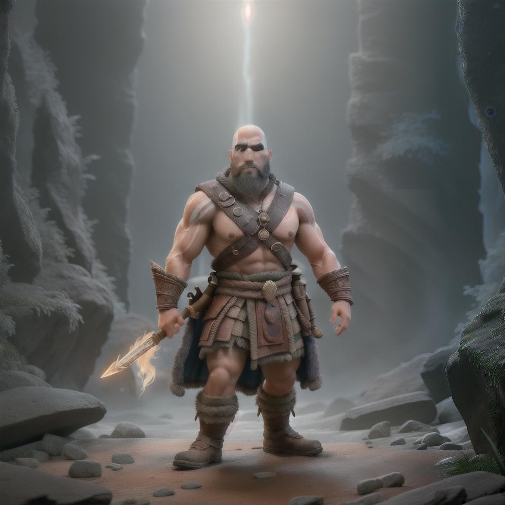  God of war hyperrealistic, full body, detailed clothing, highly detailed, cinematic lighting, stunningly beautiful, intricate, sharp focus, f/1. 8, 85mm, (centered image composition), (professionally color graded), ((bright soft diffused light)), volumetric fog, trending on instagram, trending on tumblr, HDR 4K, 8K