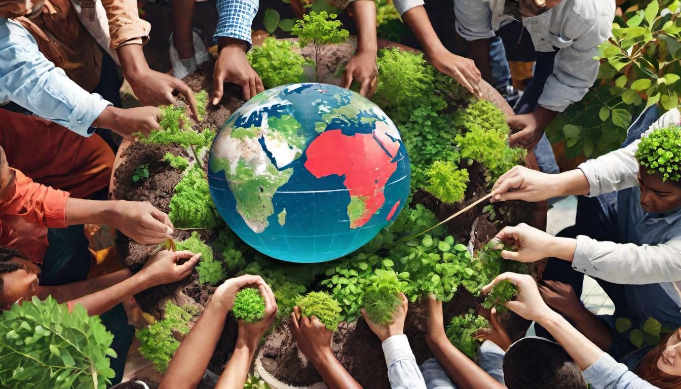  digital illustration A diverse group of people standing in a circle, holding a globe together, each person planting a tree, collective action, sustainability, shared responsibility looking at viewer, dynamic pose, (intricate details, masterpiece, best quality)