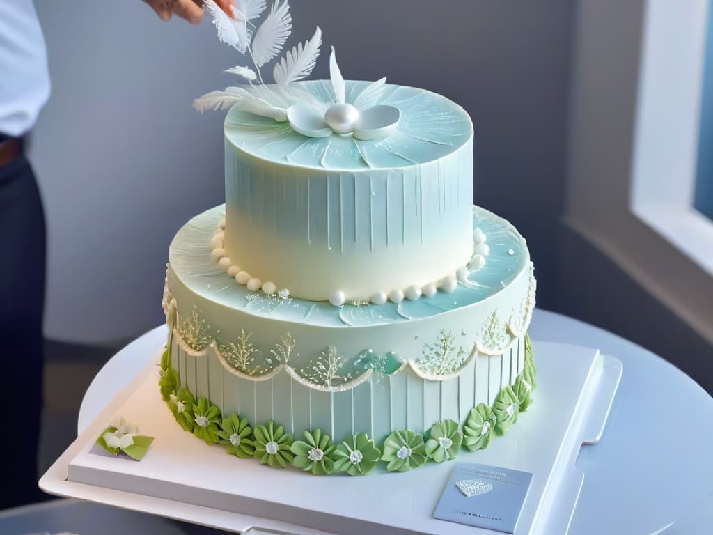  A closeup, ultradetailed image of delicate sugar lace being meticulously placed on a multilayered wedding cake by a skilled pastry chef. The intricate lace design is shimmering with tiny sugar crystals, catching the light in a way that highlights the precision and artistry involved. The background is softly blurred to keep the focus solely on the elegant detailing of the sugary masterpiece, showcasing the skill and innovation required in modern sugar crafting techniques. hyperrealistic, full body, detailed clothing, highly detailed, cinematic lighting, stunningly beautiful, intricate, sharp focus, f/1. 8, 85mm, (centered image composition), (professionally color graded), ((bright soft diffused light)), volumetric fog, trending on instagram, trending on tumblr, HDR 4K, 8K