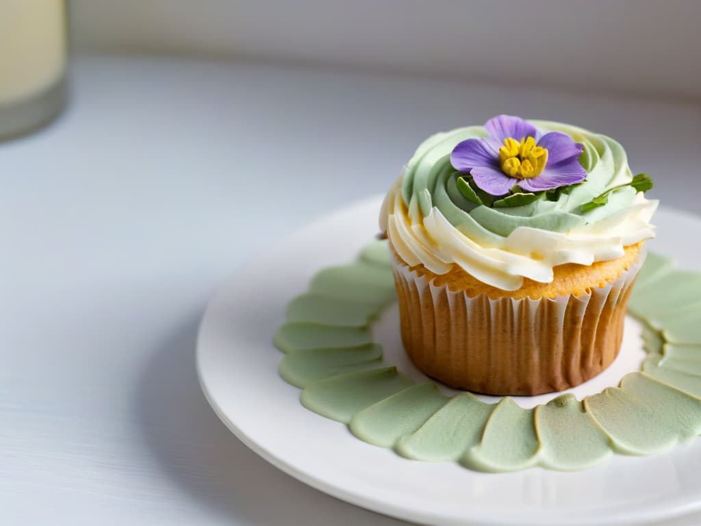  A closeup, ultradetailed image of a delicate, intricately decorated glutenfree cupcake on a sleek, modern white plate. The cupcake is topped with a swirl of pastelcolored frosting and adorned with tiny edible flowers and gold leaf accents. The lighting is soft and focused, highlighting the textures and colors of the dessert, creating a visually striking and elegant composition. hyperrealistic, full body, detailed clothing, highly detailed, cinematic lighting, stunningly beautiful, intricate, sharp focus, f/1. 8, 85mm, (centered image composition), (professionally color graded), ((bright soft diffused light)), volumetric fog, trending on instagram, trending on tumblr, HDR 4K, 8K