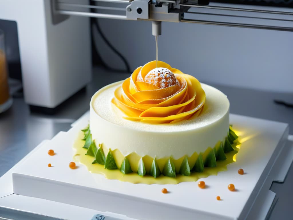  An ultradetailed 8k image of a sleek, futuristic 3D food printer in action, meticulously crafting intricate and delicate dessert creations. The printer's design is modern and elegant, with a soft LED glow illuminating the surrounding area, showcasing the precision and sophistication of the technology. The desserts being printed are visually stunning, showcasing a perfect blend of artistry and innovation in the realm of 3D printed food. hyperrealistic, full body, detailed clothing, highly detailed, cinematic lighting, stunningly beautiful, intricate, sharp focus, f/1. 8, 85mm, (centered image composition), (professionally color graded), ((bright soft diffused light)), volumetric fog, trending on instagram, trending on tumblr, HDR 4K, 8K