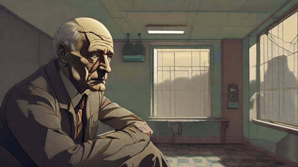  This intriguing artwork portrays a stylized and surreal scene set in what appears to be a medical or psychiatric facility. The image is split into two main focal areas: 1. **Left Side** Dominated by a large, muscular figure sitting sluggishly with his elbows on his knees, looking melancholic and contemplative. The figure's skin resembles cracked stone or dried earth, accentuating the feeling of something ancient or eroded. His expression conveys sorrow or deep fatigue, suggesting a heavy emotional or physical burden. 2. **Right Side** A smaller, elderly man stands with his back to the viewer, facing a pair of large windows. He is dressed in formal wear, possibly a suit and trench coat, indicating a different status or role than the la