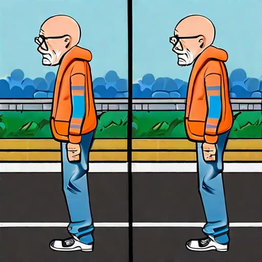  There are a grumpy old man with bald head and who is dressed in a black and orange hoodie and blue jeans! He is out for a walk on the road!