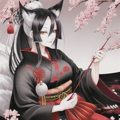  old fox lady, black-white hair, Japanese outfits, age 30 old, big red needle in hands, self-confident look