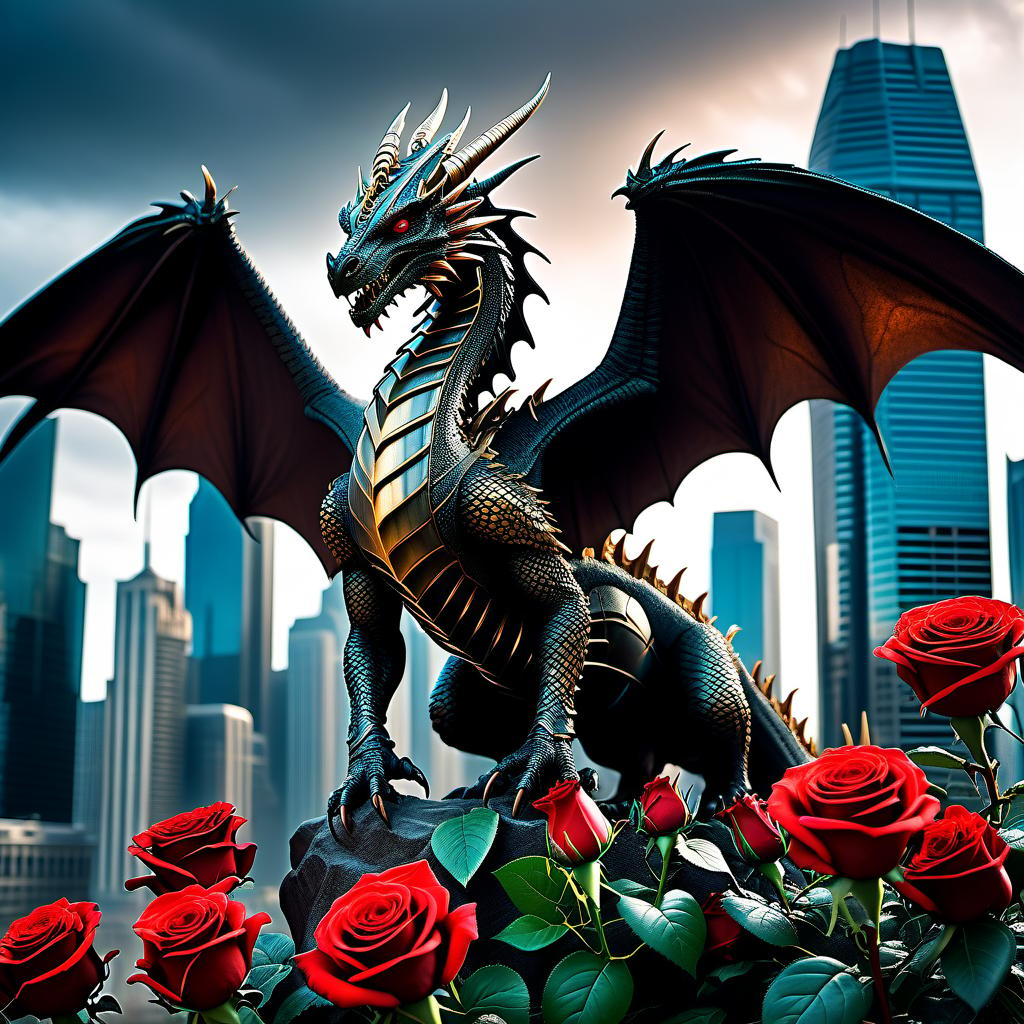  metropolis themed This dragon may look scary, but he has a good heart. Accompanied by a devoted phoenix, roses bloom wherever he is. . urban, cityscape, skyscrapers, modern, futuristic, highly detailed hyperrealistic, full body, detailed clothing, highly detailed, cinematic lighting, stunningly beautiful, intricate, sharp focus, f/1. 8, 85mm, (centered image composition), (professionally color graded), ((bright soft diffused light)), volumetric fog, trending on instagram, trending on tumblr, HDR 4K, 8K