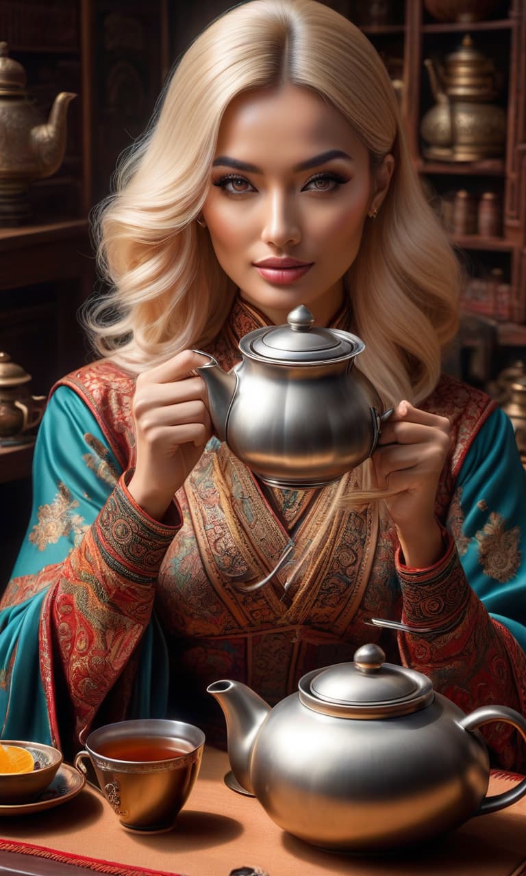  "Pictorial art in a place where inventions and adventures are felt, very detailed and deep image. A girl with light hair in ethnic clothing pours tea from a teapot. Use only three colors and their shades." hyperrealistic, full body, detailed clothing, highly detailed, cinematic lighting, stunningly beautiful, intricate, sharp focus, f/1. 8, 85mm, (centered image composition), (professionally color graded), ((bright soft diffused light)), volumetric fog, trending on instagram, trending on tumblr, HDR 4K, 8K