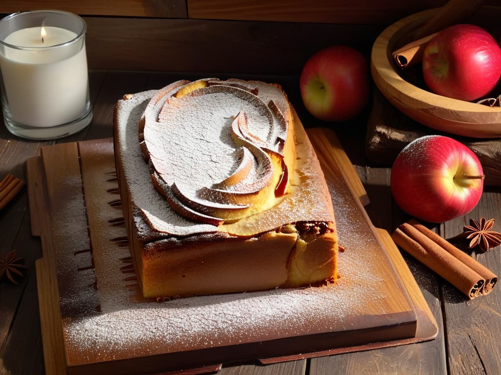  A minimalistic image of a freshly baked spiced apple cake resting on a rustic wooden table, dusted with powdered sugar and surrounded by a few scattered cinnamon sticks and whole apples. The cake is perfectly sliced to reveal layers of moist appleinfused sponge, and a hint of steam rises from the warm cake, creating a cozy and inviting scene that embodies the essence of a sweet winter treat. hyperrealistic, full body, detailed clothing, highly detailed, cinematic lighting, stunningly beautiful, intricate, sharp focus, f/1. 8, 85mm, (centered image composition), (professionally color graded), ((bright soft diffused light)), volumetric fog, trending on instagram, trending on tumblr, HDR 4K, 8K