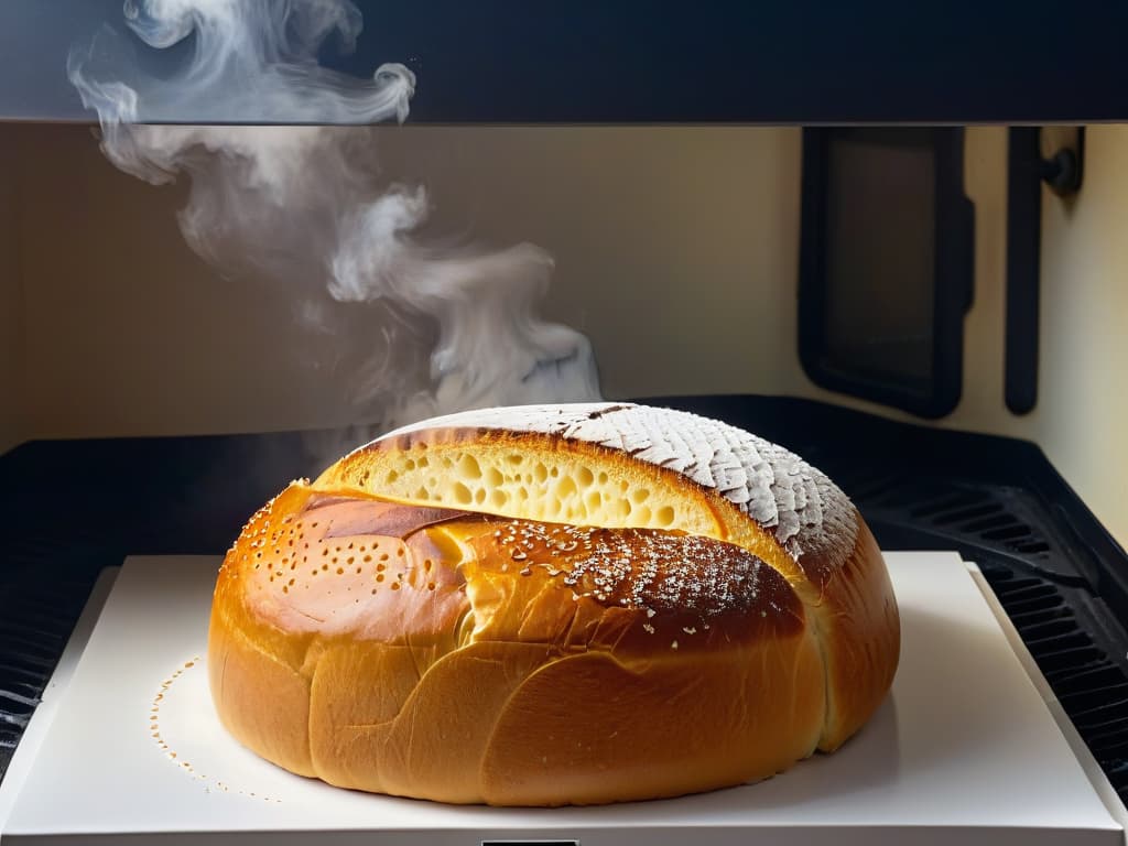  A closeup, ultradetailed image of a perfectly goldenbrown loaf of bread emerging from a pristine white oven, with wisps of steam rising delicately around it. The crust is flawlessly cracked, showcasing the intricate patterns of artisanal scoring, and the background is softly blurred to emphasize the bread's warm, inviting glow. hyperrealistic, full body, detailed clothing, highly detailed, cinematic lighting, stunningly beautiful, intricate, sharp focus, f/1. 8, 85mm, (centered image composition), (professionally color graded), ((bright soft diffused light)), volumetric fog, trending on instagram, trending on tumblr, HDR 4K, 8K