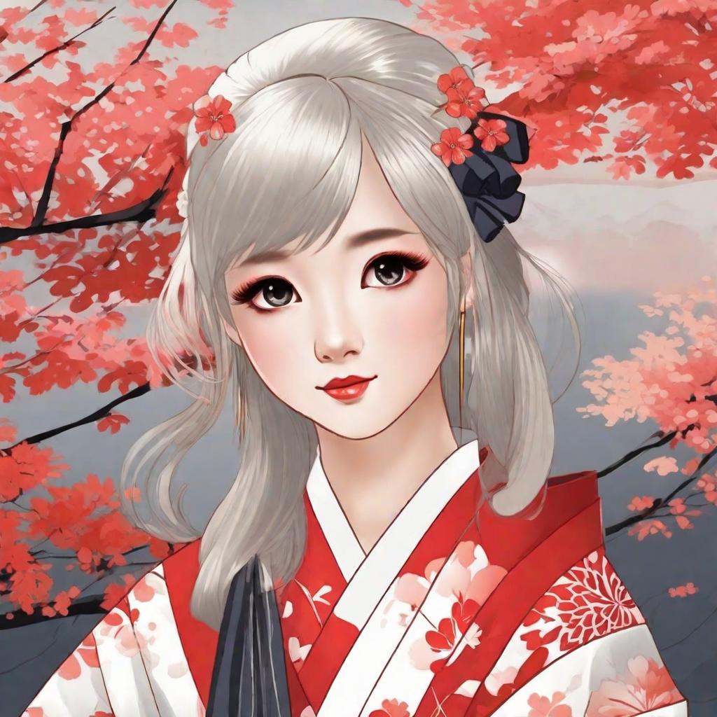  masterpiece, best quality,Draw a little girl with white hair and red pupils, kimono, Japanese style