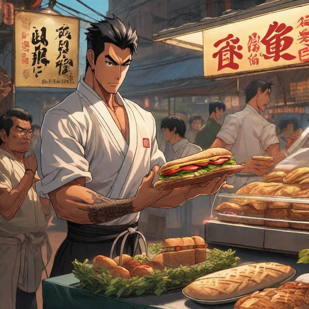  A man with a tattoo on his chest and a short black shirt punches a young man wearing a karate uniform next to a sandwich seller., anime concept art by Hayao Miyazaki, featured on pixiv, fantasy art, concept art, official art, high detailed hyperrealistic, full body, detailed clothing, highly detailed, cinematic lighting, stunningly beautiful, intricate, sharp focus, f/1. 8, 85mm, (centered image composition), (professionally color graded), ((bright soft diffused light)), volumetric fog, trending on instagram, trending on tumblr, HDR 4K, 8K