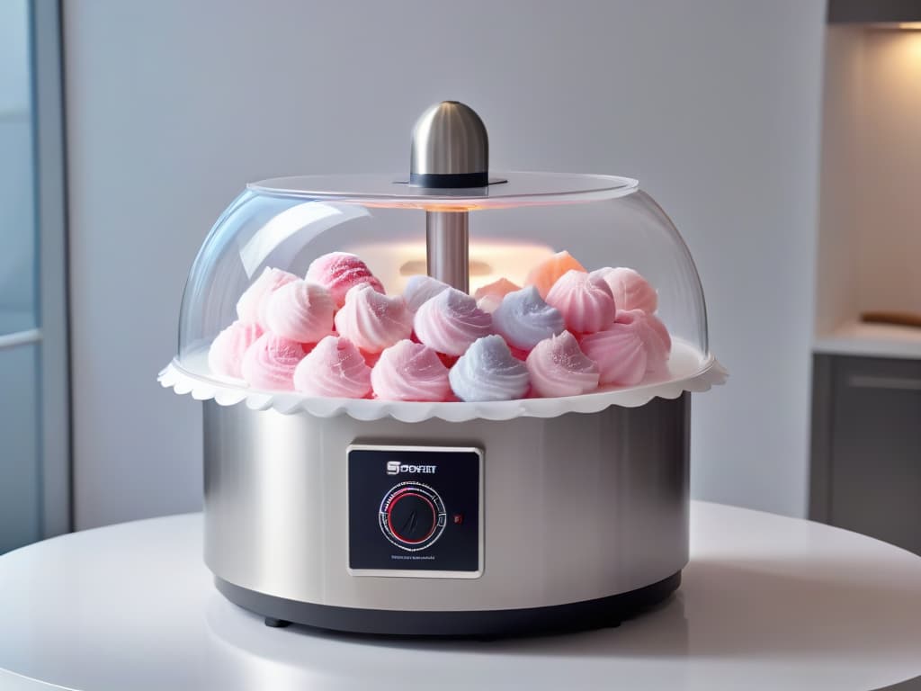  An ultradetailed, 8k resolution image of a sleek, modern cotton candy machine in a minimalist kitchen setting. The machine is the focal point, standing against a backdrop of clean white countertops and soft, indirect lighting that highlights its polished metallic surfaces. The design is elegant and futuristic, exuding a sense of professional craftsmanship and highend quality. hyperrealistic, full body, detailed clothing, highly detailed, cinematic lighting, stunningly beautiful, intricate, sharp focus, f/1. 8, 85mm, (centered image composition), (professionally color graded), ((bright soft diffused light)), volumetric fog, trending on instagram, trending on tumblr, HDR 4K, 8K