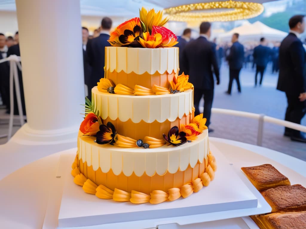  An ultradetailed image showcasing a delicately crafted, multilayered cake as the centerpiece of a bustling pastry festival. The cake is a masterpiece of artistry, with intricate sugar flower decorations cascading down its sides, shimmering under the soft festival lights. Surrounding it, a diverse crowd of pastry chefs and enthusiasts marvel at its beauty, their faces reflecting awe and inspiration. The background fades into a blur, emphasizing the pure elegance and skill captured in this moment. hyperrealistic, full body, detailed clothing, highly detailed, cinematic lighting, stunningly beautiful, intricate, sharp focus, f/1. 8, 85mm, (centered image composition), (professionally color graded), ((bright soft diffused light)), volumetric fog, trending on instagram, trending on tumblr, HDR 4K, 8K