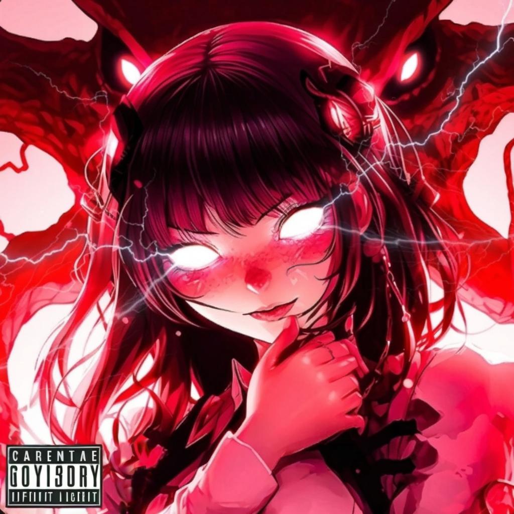  a close up of a person with long hair, phonk album cover, with glowing red eyes, chiaki nanami, dimly lit underground dungeon, dark god sit on the tron, official artwork, carnage, by Constant, “anime girl, evil intent, top lit, remastered, warmly lit hyperrealistic, full body, detailed clothing, highly detailed, cinematic lighting, stunningly beautiful, intricate, sharp focus, f/1. 8, 85mm, (centered image composition), (professionally color graded), ((bright soft diffused light)), volumetric fog, trending on instagram, trending on tumblr, HDR 4K, 8K