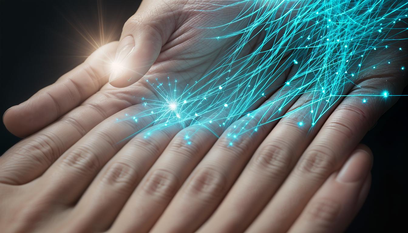  digital illustration, A close up of a hand illuminated by gentle light, reaching out, glowing aura around the hand, soft focus, ethereal and warm mood, looking at viewer, dynamic pose, (intricate details, masterpiece, best quality)