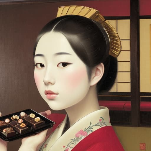  Attractive Beautiful young modern Japanese girl dressed in imperial attire with moist parted lips. Foreground is plates of fine dark chocolates. Background is an exclusive Japanese restaurant . Painting style of Edgar Degas