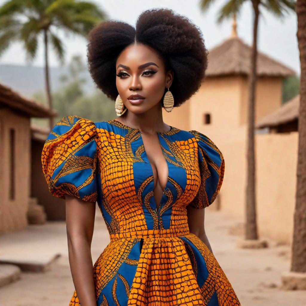  A short Ankara gown with puff sleeves. The gown is vibrant with traditional African prints, featuring a mix of bold colors and intricate patterns. The sleeves are stylishly puffed, adding a touch of uniqueness and elegance. The gown is knee-length, fitted at the waist, and flows slightly downwards, creating a flattering silhouette. hyperrealistic, full body, detailed clothing, highly detailed, cinematic lighting, stunningly beautiful, intricate, sharp focus, f/1. 8, 85mm, (centered image composition), (professionally color graded), ((bright soft diffused light)), volumetric fog, trending on instagram, trending on tumblr, HDR 4K, 8K