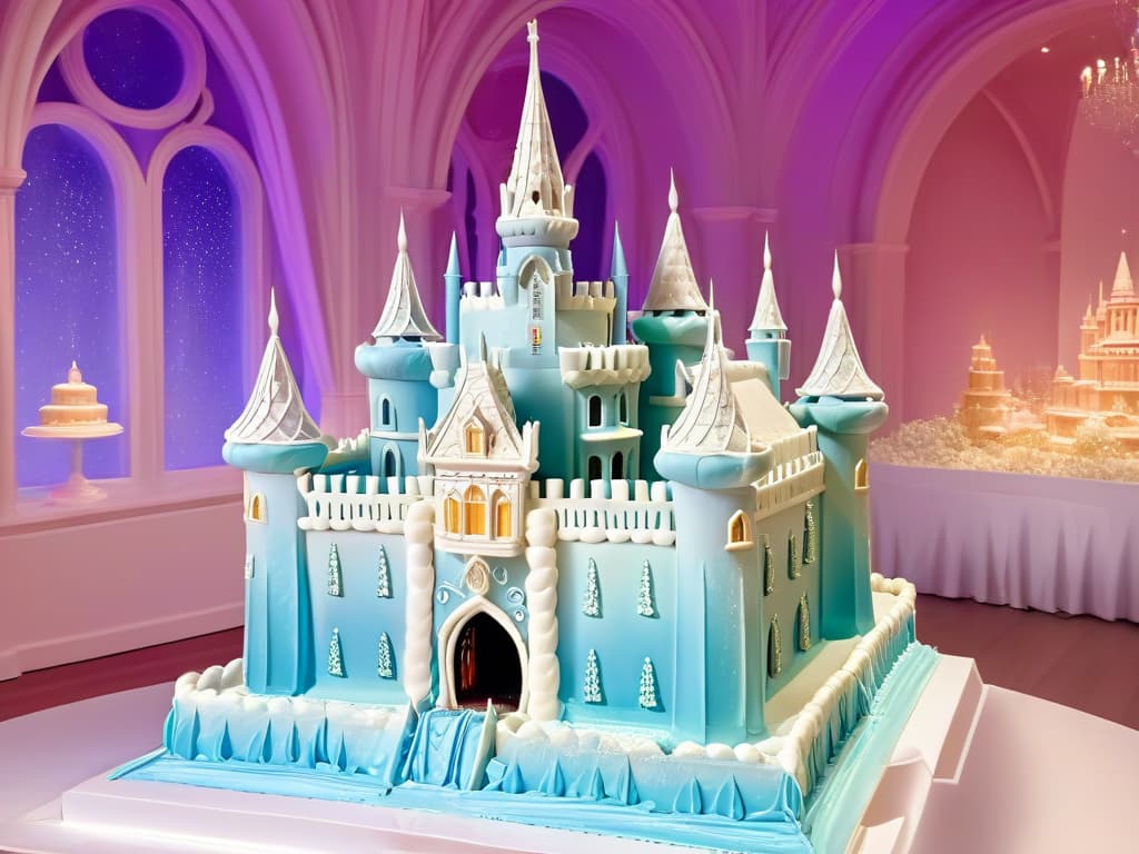  A photorealistic image of an intricate sugar sculpture showcasing a majestic and detailed castle with turrets, windows, and delicate sugary details, set against a soft pastel background to highlight the craftsmanship and artistry of sugar sculpting for events. hyperrealistic, full body, detailed clothing, highly detailed, cinematic lighting, stunningly beautiful, intricate, sharp focus, f/1. 8, 85mm, (centered image composition), (professionally color graded), ((bright soft diffused light)), volumetric fog, trending on instagram, trending on tumblr, HDR 4K, 8K