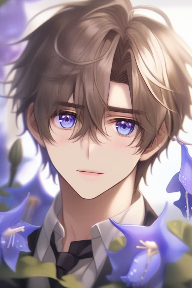  Masterpiece,solo,one male,delicate cocoa brown hair color,short hair,serious look,blue eyes color,blush,delicate face,serious face,V字眉,(((larynx))),(((Purple Campanula flowers:Bell flower))),fresh,high quality,8K