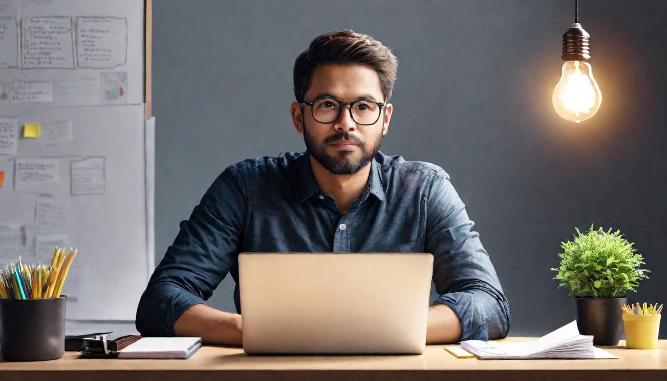  digital illustration, 1man, sitting at a desk with a thoughtful expression, light bulb above his head signifying an idea, tidy desk, notebooks and sticky notes around, transformative moment, insight, realization, looking at viewer, dynamic pose, (intricate details, masterpiece, best quality)